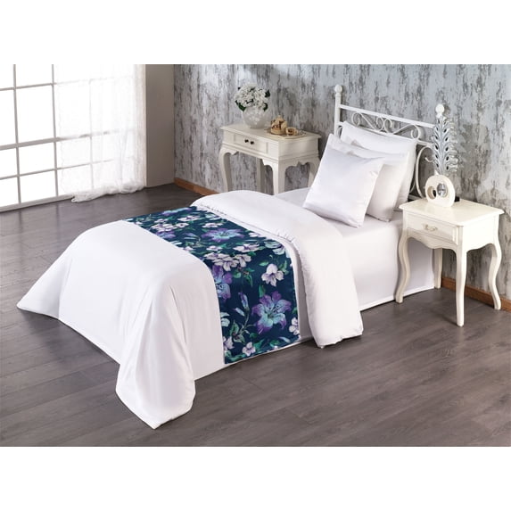 Flowers Bed Runner, Repeating Watercolor Purplish Tiger Lilies on Night Blue Backdrop, Decorative Accent Bedding Scarf for Hotels Homes & Guest Rooms, Twin, Violet Pale Lilac and Teal, by Ambesonne