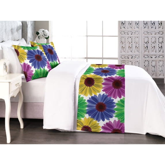 Flowers Bed Runner Set, Blooming Colorful Gerbera Like Petals Summer Feels Floral Watercolor Effect, Decorative Bedding Scarf & 2 Pillow Shams for Hotels Homes, Queen, Blue Purple Green, by Ambesonne
