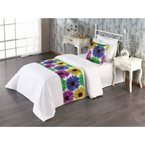 Flowers Bed Runner Set, Blooming Colorful Gerbera Like Petals Summer Feels Floral Watercolor Effect, Decorative Bedding Scarf & a Pillow Sham for Hotels Homes, Twin, Blue Purple Green, by Ambesonne