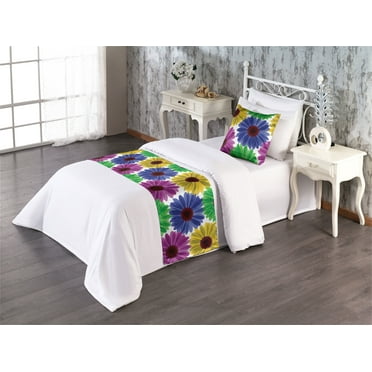 Flowers Bed Runner Set, Blooming Colorful Gerbera Like Petals Summer Feels Floral Watercolor Effect, Decorative Bedding Scarf & a Pillow Sham for Hotels Homes, Twin, Blue Purple Green, by Ambesonne