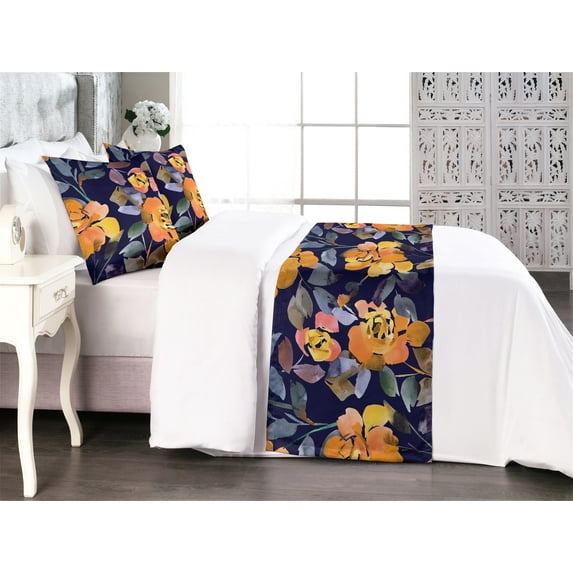 Flowers Bed Runner Set, Floral Ornamental Watercolor Art Print of Abstract Roses and Leaves, Decorative Bedding Scarf & 2 Pillow Shams for Hotels Homes, Queen, Indigo Marigold Ceil Blue, by Ambesonne