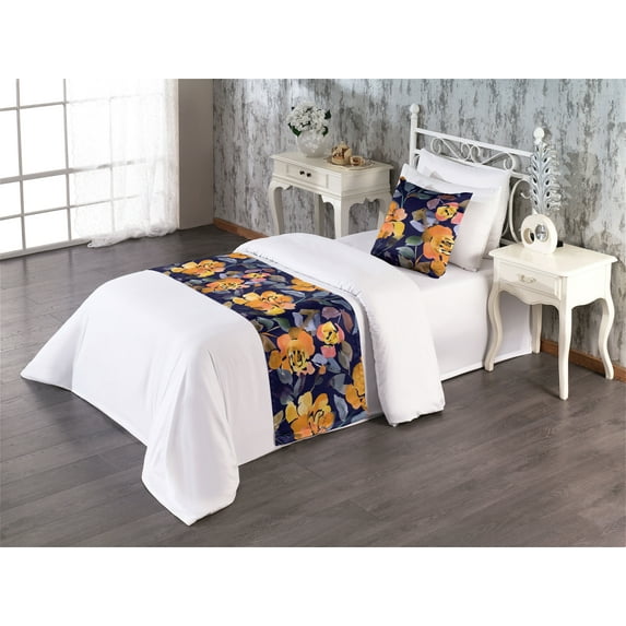 Flowers Bed Runner Set, Floral Ornamental Watercolor Art Print of Abstract Roses and Leaves, Decorative Bedding Scarf & a Pillow Sham for Hotels Homes, Twin, Indigo Marigold Ceil Blue, by Ambesonne