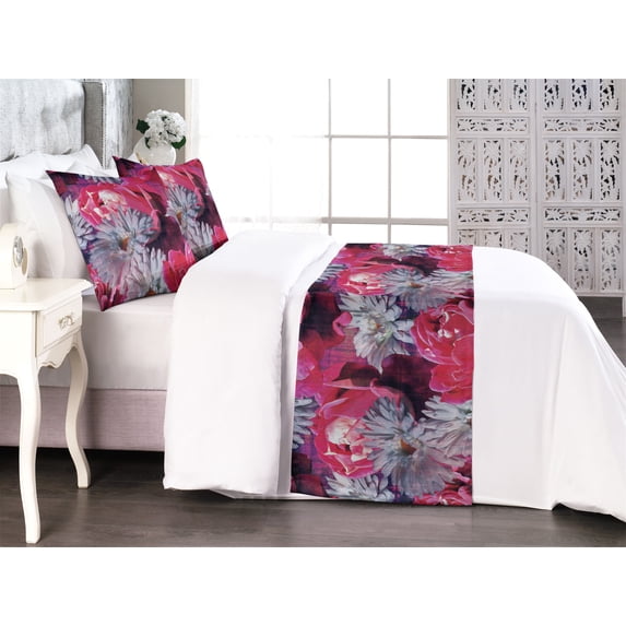 Flowers Bed Runner Set, Garden of Blooming Romance Weathered Concept Grunge Peony and Gerbera, Decorative Bedding Scarf & 2 Pillow Shams for Hotels Homes, Queen, Pink Pale Grey Purple, by Ambesonne