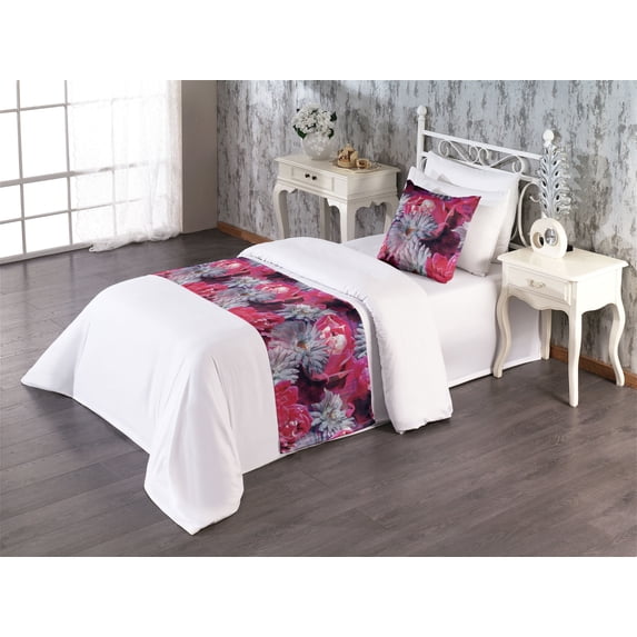 Flowers Bed Runner Set, Garden of Blooming Romance Weathered Concept Grunge Peony and Gerbera, Decorative Bedding Scarf & a Pillow Sham for Hotels Homes, Twin, Pink Pale Grey Purple, by Ambesonne