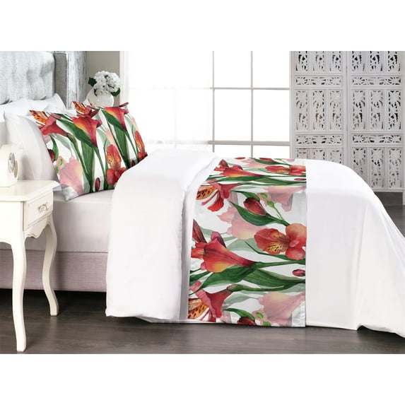 Flowers Bed Runner Set, Peruvian Lily Ornament Blooming Petals on Blurry Effect Ones Watercolor, Decorative Bedding Scarf & 2 Pillow Shams for Hotels Homes, King, Dark Coral and Green, by Ambesonne