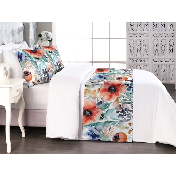 Flowers Bed Runner Set, Spring Concept Garden Blooming Floral Pattern with Watercolor Leaves Art, Decorative Bedding Scarf & 2 Pillow Shams for Hotels Homes, King, Dark Coral Ceil Blue, by Ambesonne