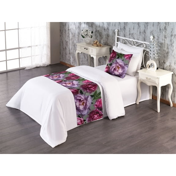 Flowers Bed Runner Set, Watercolor Design Pattern of Abstract Floral Peony Blossoming, Decorative Bedding Scarf & a Pillow Sham for Hotels Homes, Twin, Mauve Hot Pink and Sage Green, by Ambesonne