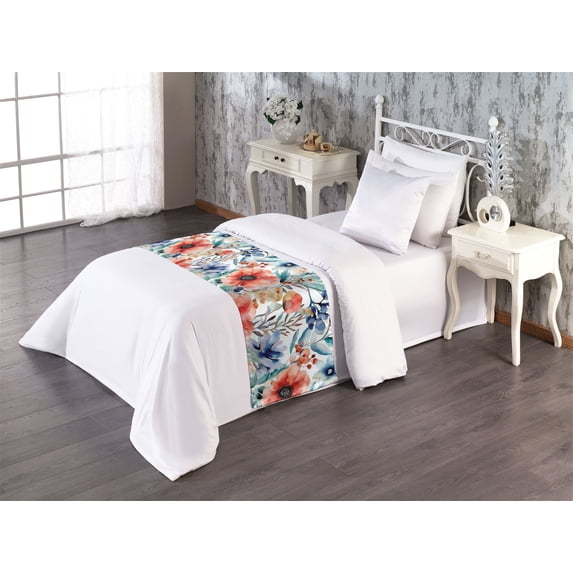 Flowers Bed Runner, Spring Concept Garden Blooming Floral Pattern with Watercolor Leaves Art, Decorative Accent Bedding Scarf for Hotels Homes & Guest Rooms, Twin, Dark Coral Ceil Blue, by Ambesonne