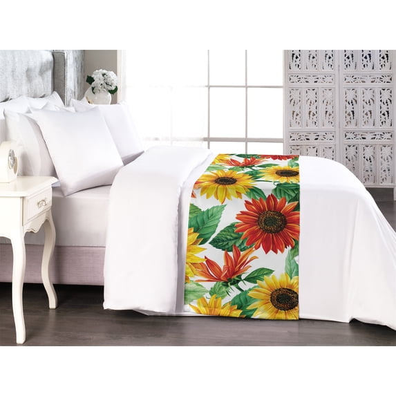 Flowers Bed Runner, Sunflower and Gerbera Blossoms Vintage Nature Art Autumnal Vibes, Decorative Accent Bedding Scarf for Hotels Homes & Guest Rooms, King, Scarlet Mustard and Green, by Ambesonne