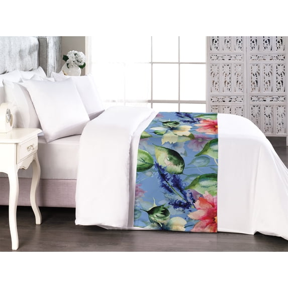 Flowers Bed Runner, Watercolor Design Garden of Blooming Flowers and Leaves Print, Decorative Accent Bedding Scarf for Hotels Homes & Guest Rooms, King, Ceil Blue Dark Pink and Green, by Ambesonne