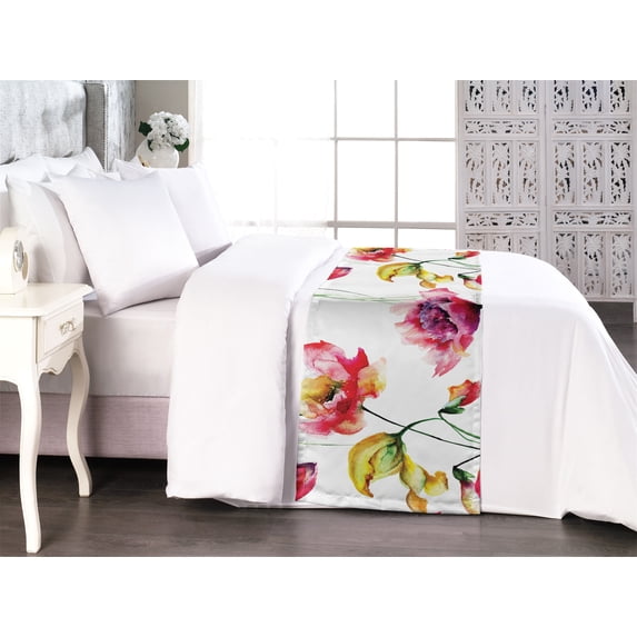 Flowers Bed Runner, Watercolor Look Pattern of Wild Meadow Poppies Nature Lovers Concept, Decorative Accent Bedding Scarf for Hotels Homes & Guest Rooms, Queen, Dark Pink and Mustard, by Ambesonne