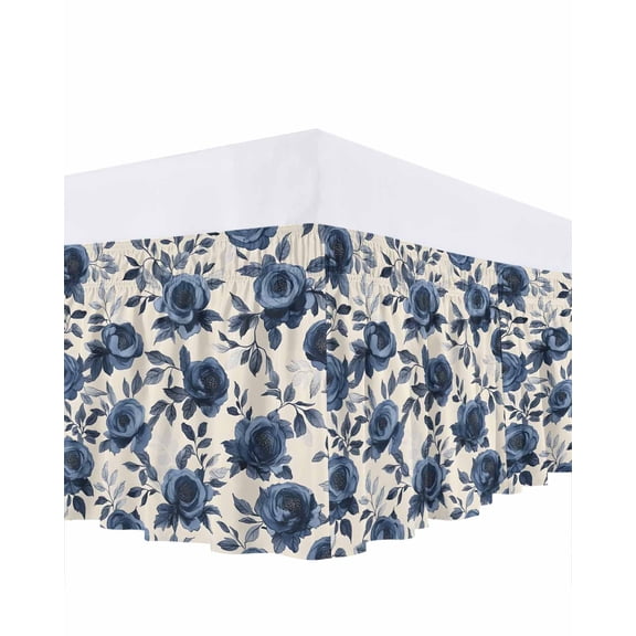 Flowers Bed Skirt Queen Size 16" Drop Vintage Blue Roses Leaves Watercolor Nostalgia Beige Bottom Ruffled Wrap Around Bed Skirts Adjustable Elastic Bedskirt Dust Ruffle for Queen Size Bed