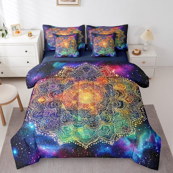 Flowers Bedding Full Size 7Pcs,Vintage Bohemian Printed Microfiber Bed in a Bag Comforter Set,Florals Galaxy Teens Bedding Comforter Sets,Black Purple Glitter Stars Bed Sheets Set