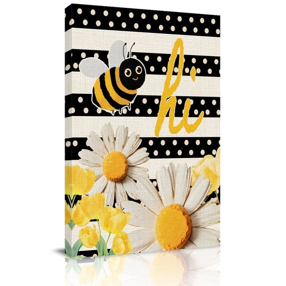 Flowers Bee Canvas Wall Art for Living Room, Spring Yellow White Floral Black Dots Beige Stripes Poster Print Painting for Bedroom Office Home Decoration Wall Pictures Prepare To Hang 8"x10"