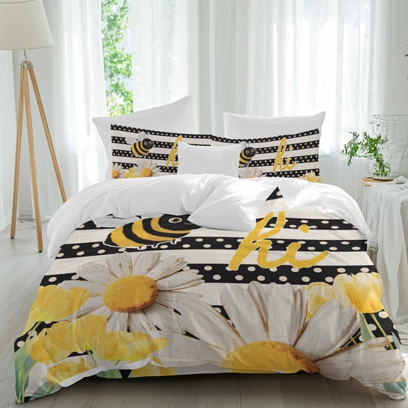 Flowers Bee Comforter Set Queen Size, Spring Yellow White Floral Black Dots Beige Stripes Soft Bedding Set for Man Woman, 4 Pieces Duvet Cover Set with Fitted Sheet, 2 Pillowcases
