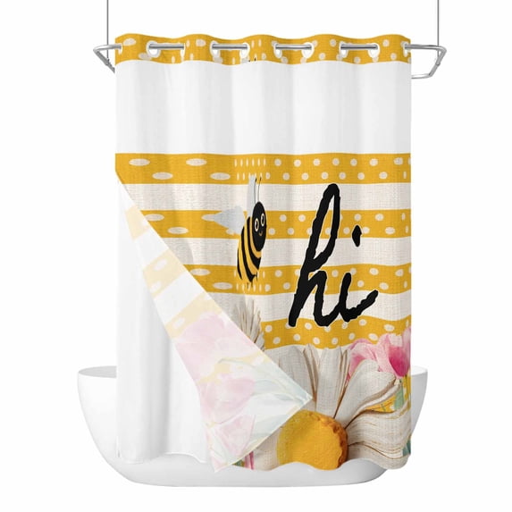 Flowers Bee No Hooks Shower Curtain with Snap-in Liner Spring Pink White Floral Yellow Dots Beige Stripes Shower Curtains for Bathroom, Waterproof, Easy Install, Washable 72"x84"