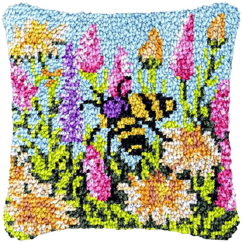 Flowers Bee Latch Hook Pillow Cover Kits for Needlework Cushion Throw Pillow Cross Stitch Crochet Hook Pillowcase Rug Kits Printed Canvas Crochet Yarn Kits Needlework 17'' X 17''