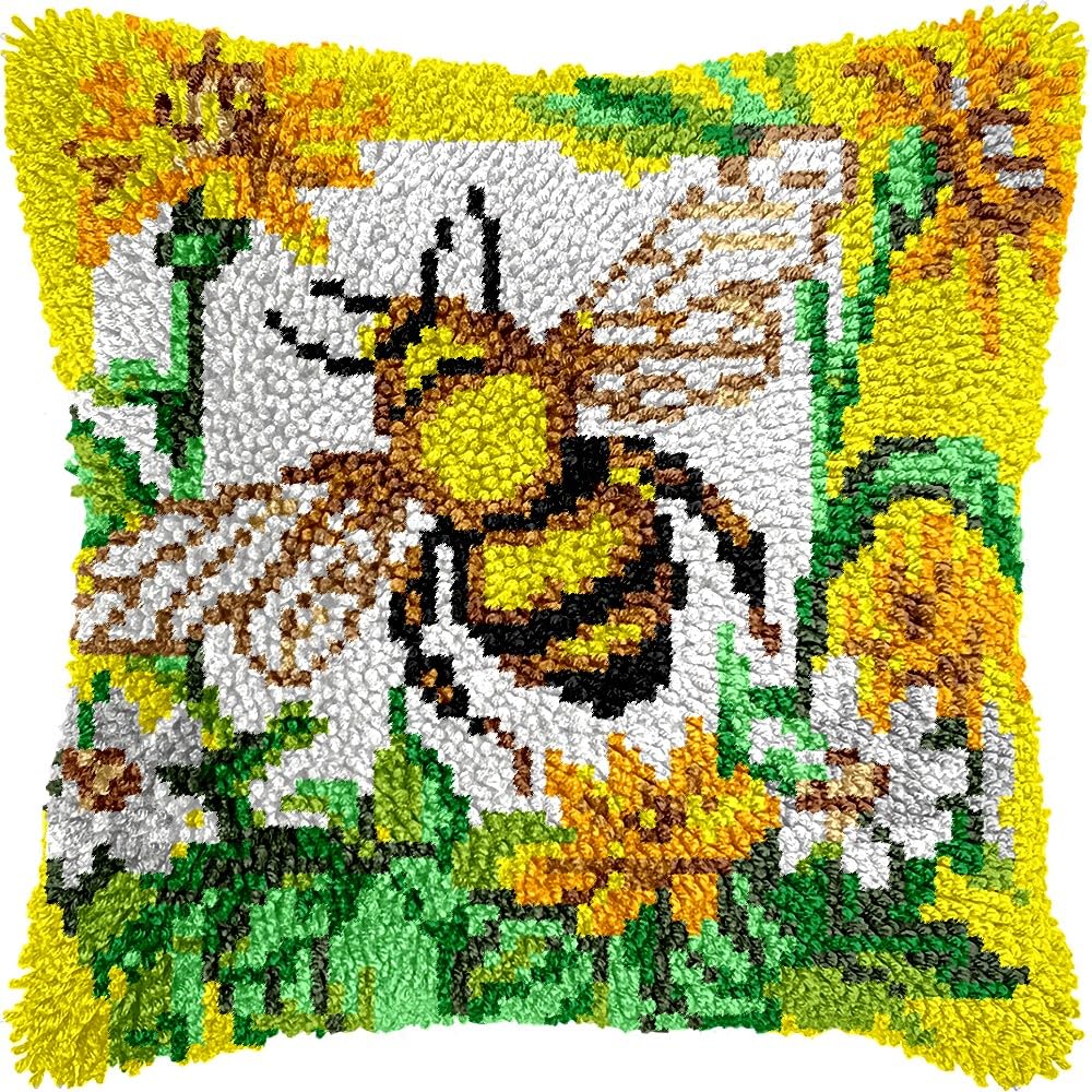 Flowers & Bee Latch Hook Pillow Kits for DIY Throw Pillow Cushion Embroidery Latch Hooking Pillowcase Kits with Preprinted Canvas Crochet Yarn Kits for Home Decor 17''X 17''(d148)