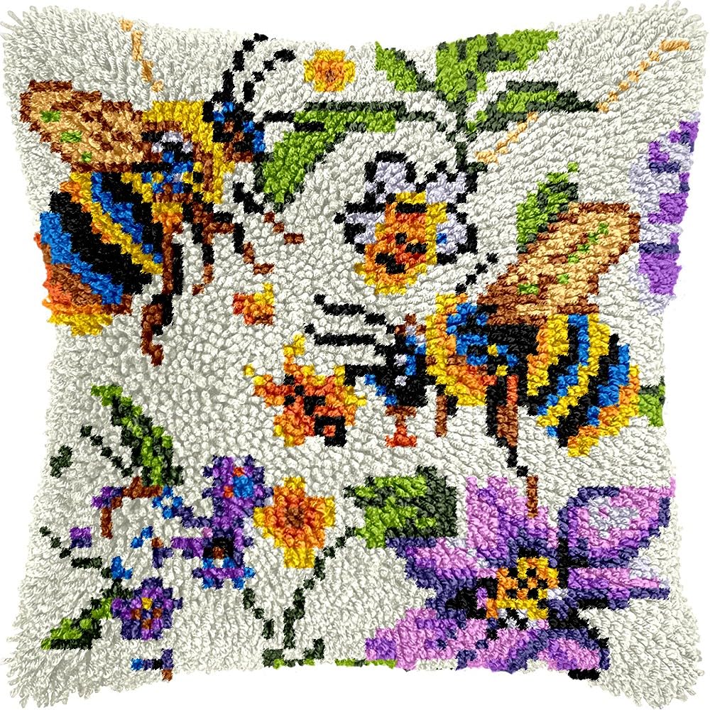 Flowers & Bee Latch Hook Pillow Kits Pillow Cover Latch Hook Crafts Crochet Knitted Hooking Pillowcase Cushion Crafts Embroidery Latch Hooking Kits Material Set 17x17 inch(166)