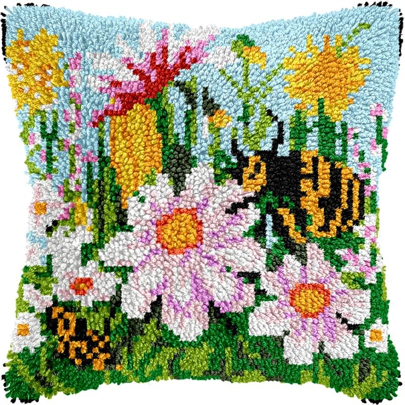 Flowers Bee Latch Hook Pillow Kits Pillow Cover with Pattern Printed Canvas Sofa Hooking Pillowcase Cushion Crafts Embroidery Latch Hooking Crochet Starter Kits 17x17 inch(1)
