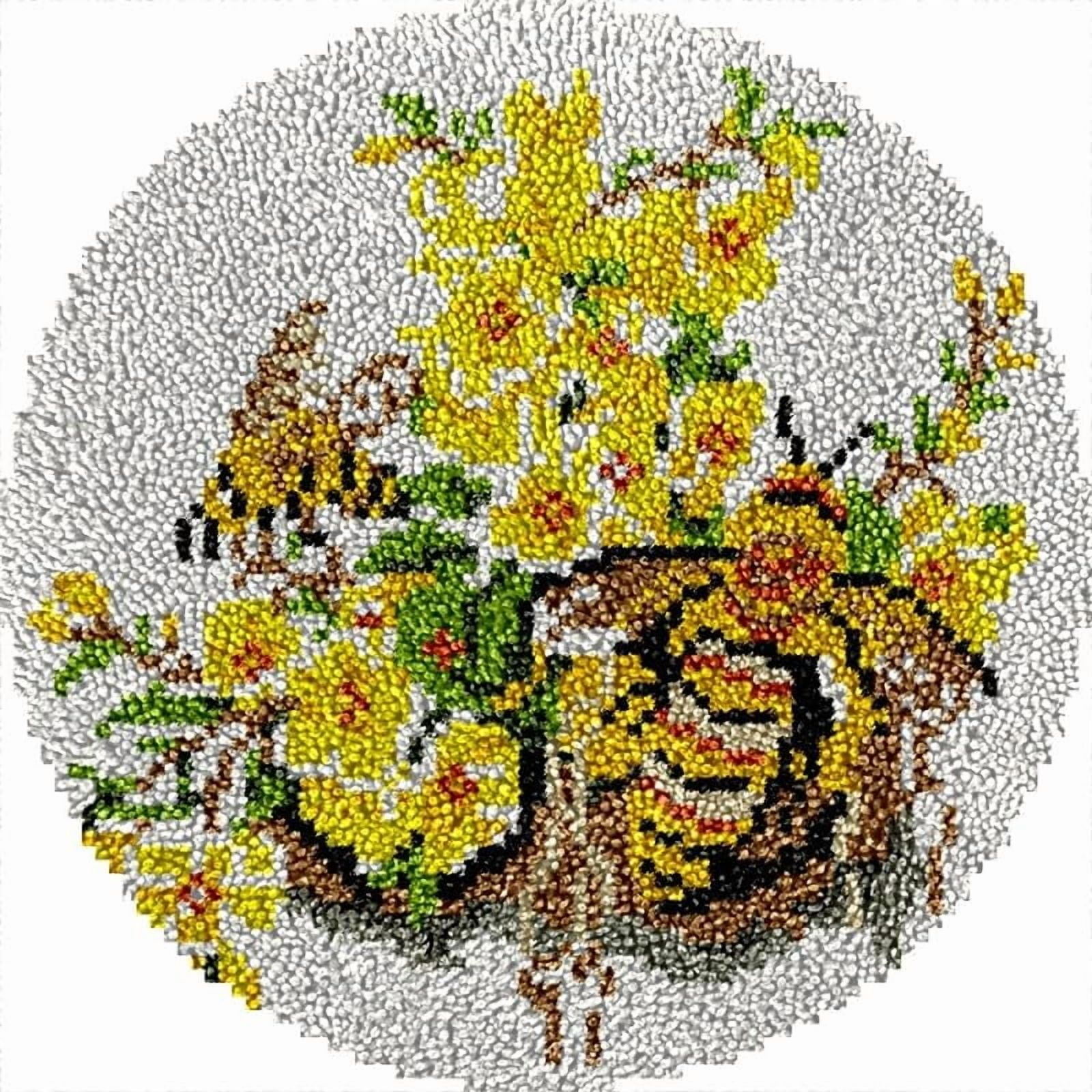 Flowers Bee Round Shape Latch Hook Rug Kits Set for Starter Crochet Hook Cushion Mat Sofa Seat Cushion Crocheting Kits with Preprinted Canvas Crochet Yarn Kits 50X50cm (ui42)