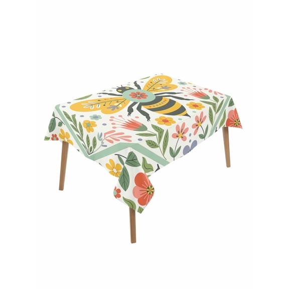 Flowers Bee Table Cloth, Waterproof Tablecloth for Rectangle Tables, Retro Country Botanical Floral Plants Dots Reusable Washable Fabric Table Cover for Restaurant Kitchen Dining Tables 60"x102"
