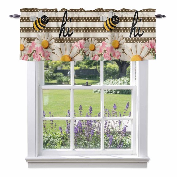 Flowers Bee Valances for Windows Spring Pink White Floral Brown Dots Beige Stripes Rod Pocket Cafe Window Treatments Valance Curtains for Kitchen Bathroom Laundry Basement Windows 60"x14"