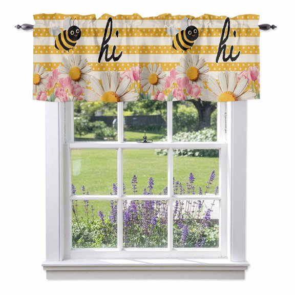 Flowers Bee Valances for Windows Spring Pink White Floral Yellow Dots Beige Stripes Rod Pocket Cafe Window Treatments Valance Curtains for Kitchen Bathroom Laundry Basement Windows 54"x18"