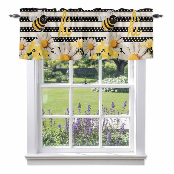 Flowers Bee Valances for Windows Spring Yellow White Floral Black Dots Beige Stripes Rod Pocket Cafe Window Treatments Valance Curtains for Kitchen Bathroom Laundry Basement Windows 60"x14"