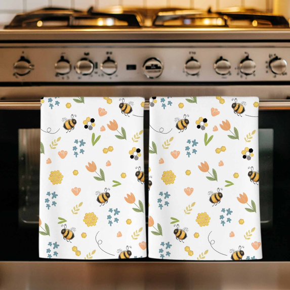 Flowers Bees Kitchen Towels Set of 2, Spring Cartoon Botanical Tulip Flowers Leaves Absorbent Dish Towels for Kitchen, Microfiber Hand Towel, Quick Drying Tea Towel for Cleaning Decorative Dishcloths