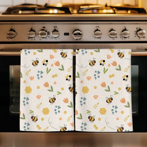 Flowers Bees Kitchen Towels Set of 3, Farmhouse Spring Botanical Flowers Leaves Absorbent Dish Towels for Kitchen, Microfiber Hand Towel, Quick Drying Tea Towel for Cleaning Decorative Dishcloths