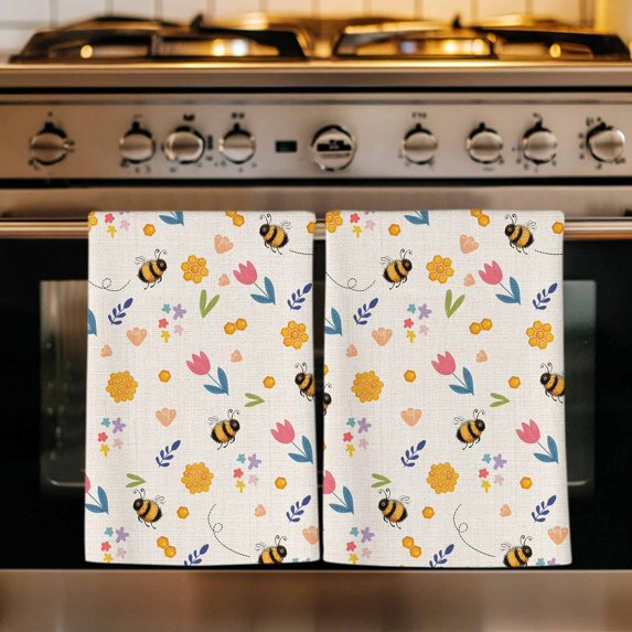 Flowers Bees Kitchen Towels Set of 3, Spring Funny Botanical Flowers Leaves Stripes Absorbent Dish Towels for Kitchen, Microfiber Hand Towel, Quick Drying Tea Towel for Cleaning Decorative Dishcloths