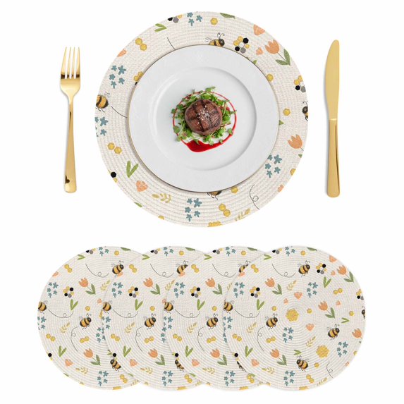 Flowers Bees Round 13 Inch Placemats Set of 4, Farmhouse Spring Botanical Flowers Leaves HeatResistant Non Slip Place Mats for Dining Table, Wipeable Braided Kitchen Table Mats for Housewarming