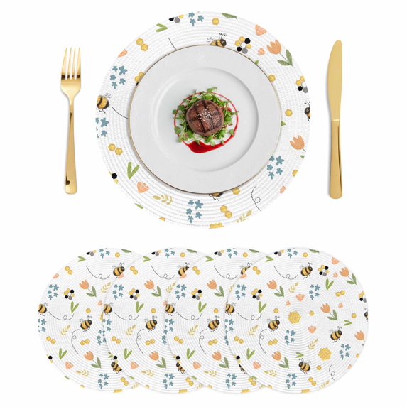 Flowers Bees Round 13 Inch Placemats Set of 4, Spring Cartoon Botanical Tulip Flowers Leaves HeatResistant Non Slip Place Mats for Dining Table, Wipeable Braided Kitchen Table Mats for Housewarming