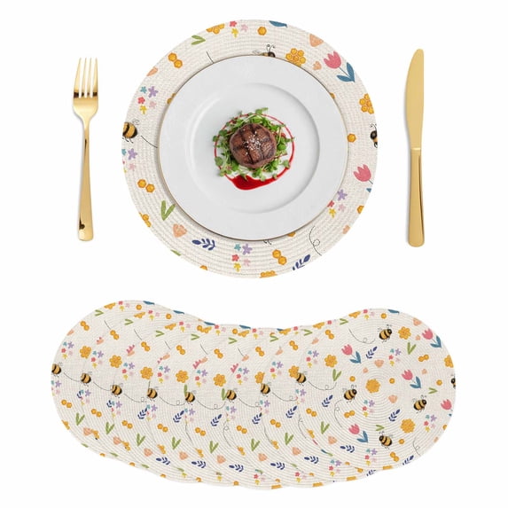 Flowers Bees Round 15 Inch Placemats Set of 8, Spring Funny Botanical Flowers Leaves Stripes HeatResistant Non Slip Place Mats for Dining Table, Wipeable Braided Kitchen Table Mats for Housewarming