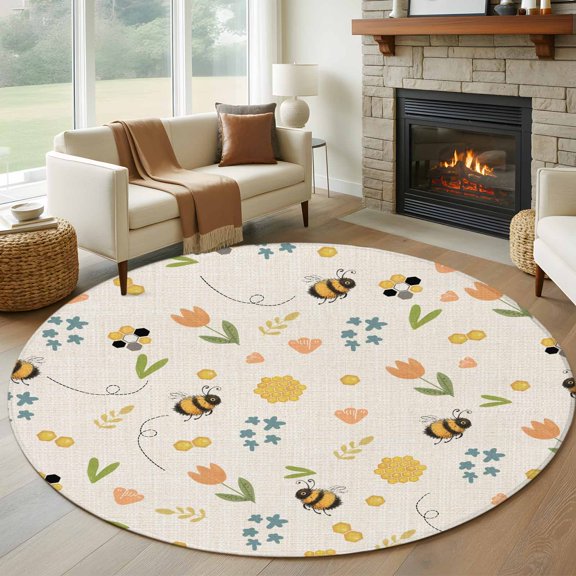Flowers Bees Round Area Rug 6Ft Washable Circle Rugs for Bathroom Office, Farmhouse Spring Botanical Flowers Leaves Non-Slip Carpet Floor Mats Indoor Outdoor Carpet Runner Aesthetic Home Decor