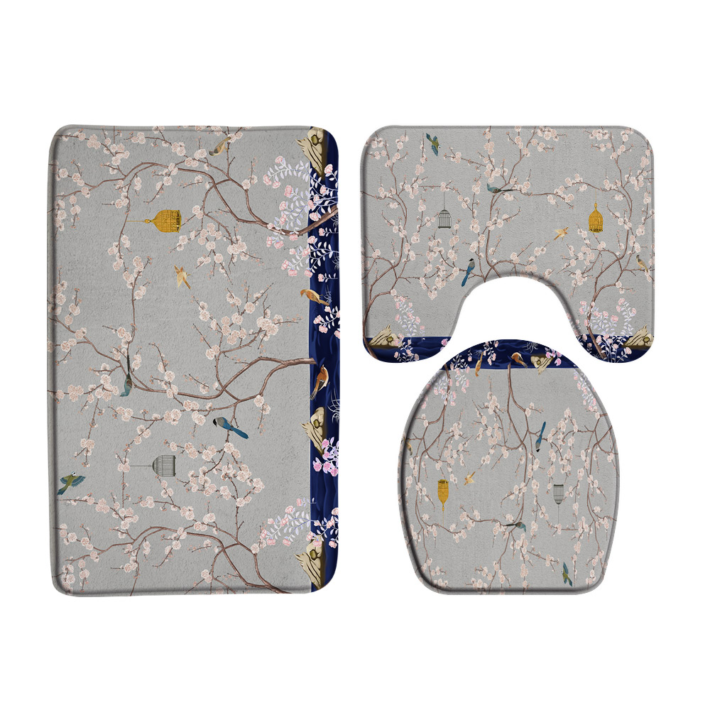 Flowers Bird Bathroom Rug Sets 3Pcs NonSlip Chinese Style Pink Floral