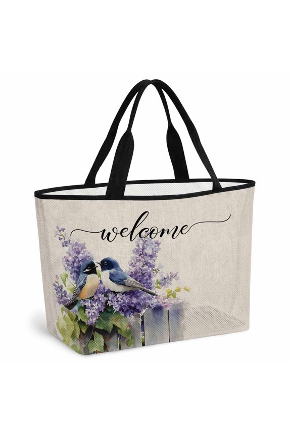 Flowers Bird Beach Bag for Women, Large Breathable Mesh Beach Tote Bag, Vintage Lavender Purple Botanical Leaf Sandproof Lightweight Travel Bags for Vacation Picnic Swimming Pool 15.7"x15.7"x9.1"