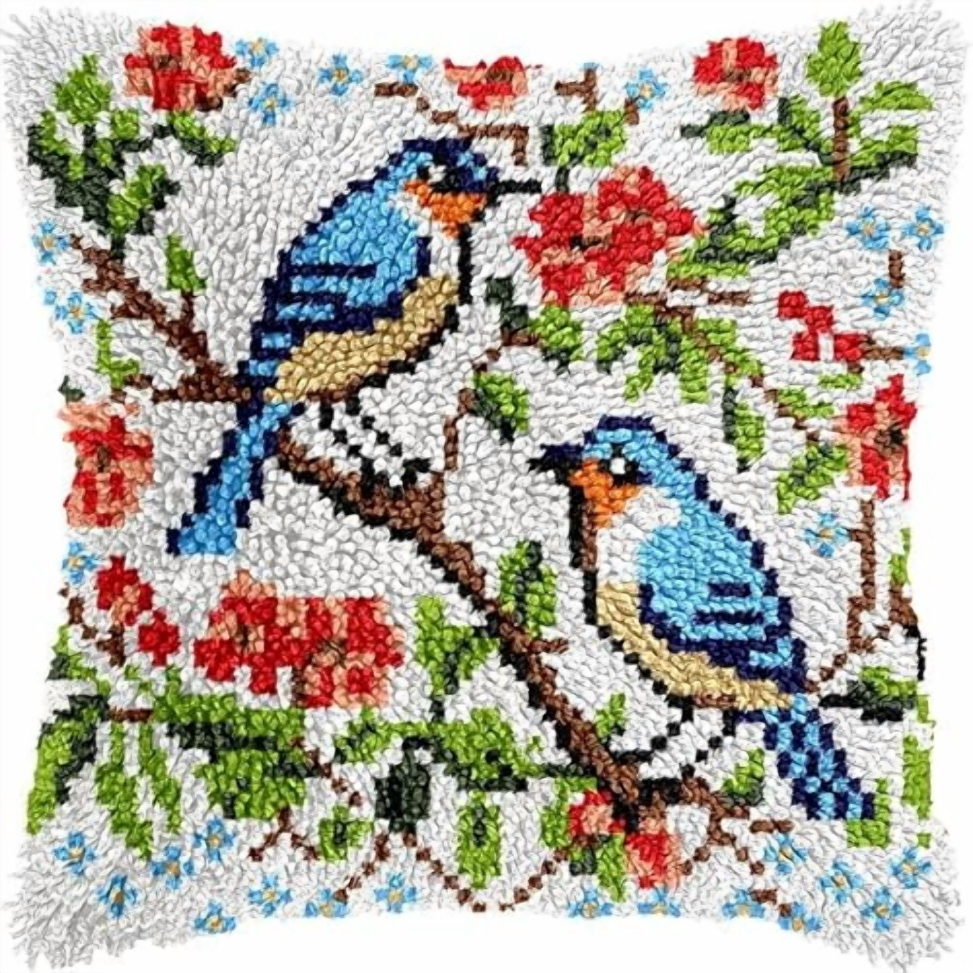 Flowers Bird Latch Hook Pillow Kits Cushion Pillowcase with Pattern Printed Canvas Sofa Hooking Pillows Crafts Embroidery Latch Hooking Crochet Kits 17x17 inch(188)