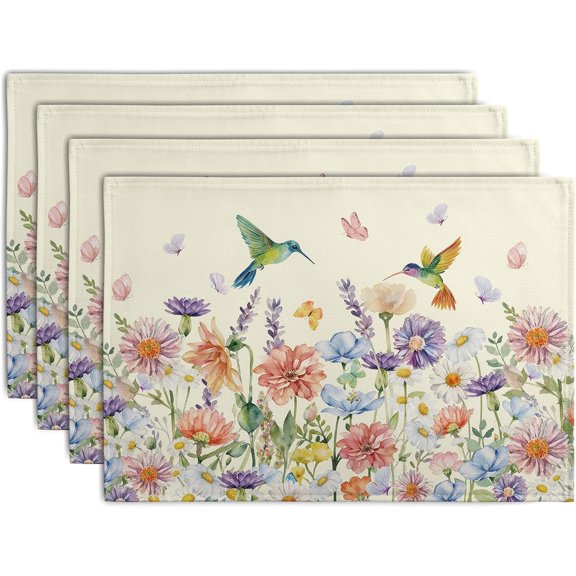 Flowers Bird Spring Summer Placemats Set of 4 Watercolor Floral Hummingbird Butterfly Place Mats 12x18 Inch Wildflowers Grass Seasonal Farmhouse Linen Table Mat for Kitchen Dining Decor