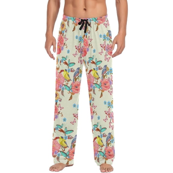 Flowers Birds Butterflies Pajama Pants Mens Lounge Pants Lightweight Men Pajama Bottoms with Drawstring & Pockets