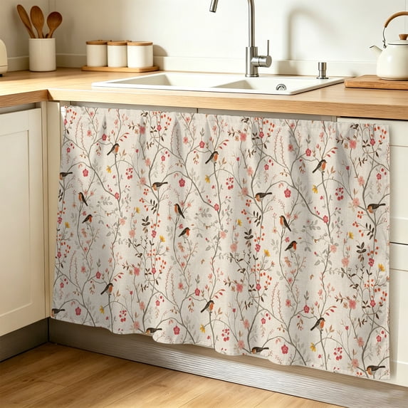 Flowers Birds Cabinet Curtain 32"Wx55"L,Dustproof Pantry Door Curtain W/ Self Adhesive Tape,Country Retro Botanical Floral Branches Tall Storage Cover Privacy Drape for Bathroom Kitchen Laundry Room