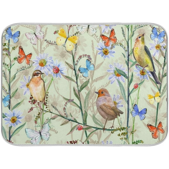 Flowers Birds Dish Drying Mats for Kitchen Counter Decor 16x18 in, Colorful Summer Butterfly Dishes Draining Mat Baby Bottle Drainer Dry Mat with Loop Countertop Protector