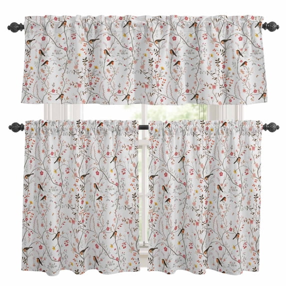 Flowers Birds Kitchen Curtains Sets for Windows 36 Inch Length, Spring Botanical Floral Tree Branches Rod Pocket Window Treatments Tier Curtains and Valances Set for Bedroom/Bathroom