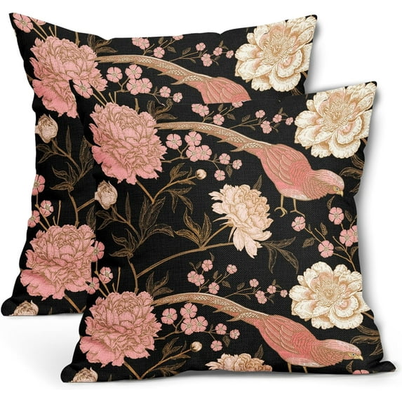 Flowers Birds Leaf Pillow Covers 16X16 Inch Set of 2 Pink White Roses Floral Decorative Pillow Cases Art Retro Black Gold Cotton Linen Cushion Case Vintage Home Decor for Sofa Couch Porch Outdoor
