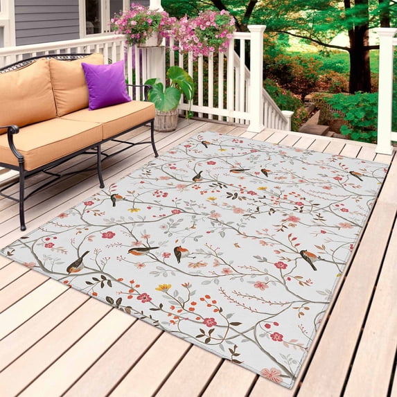 Flowers Birds Outdoor Rug for Patio/Deck/Porch, Non-Slip Large Area Rug 6 x 9 Ft, Spring Botanical Floral Tree Branches Indoor Outdoor Rugs Washable Area Rugs, Reversible Camping Rug Carpet Runner