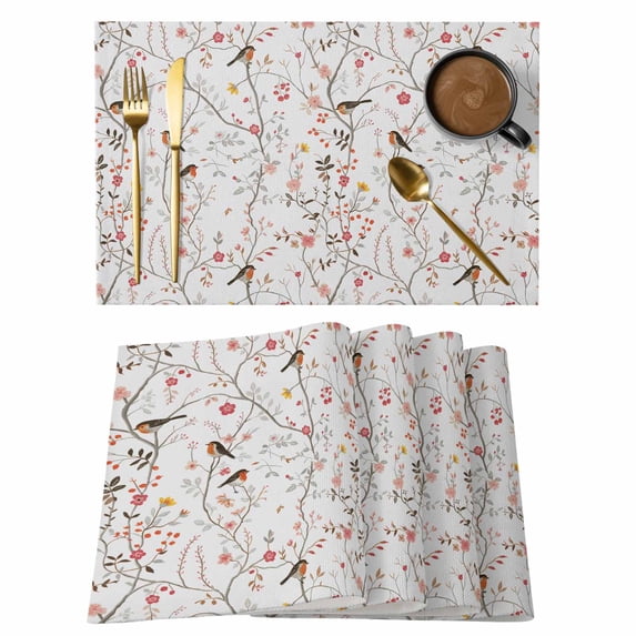 Flowers Birds Placemats Set of 12, Spring Botanical Floral Tree Branches Placemats for Dining Table, Place Mats for Kitchen Tabletop, Waterproof Wipeable Dining Table Mats Set