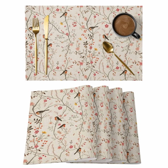 Flowers Birds Placemats Set of 6, Country Retro Botanical Floral Branches Placemats for Dining Table, Place Mats for Kitchen Tabletop, Waterproof Wipeable Dining Table Mats Set