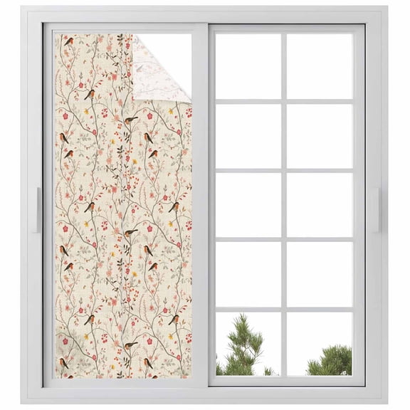 Flowers Birds Privacy Window Film, Decorative Frosted Glass Window Film, Country Retro Botanical Floral Branches Reusable Peel and Stick Static Cling for Home Bathroom Office Glass Door 23.6"x59"