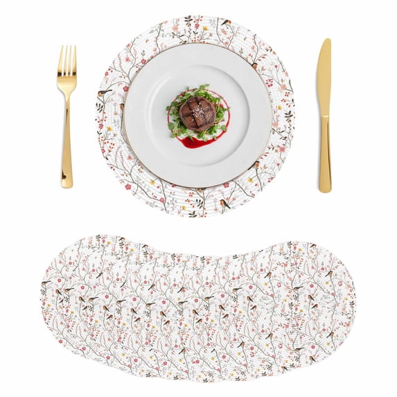 Flowers Birds Round 13 Inch Placemats Set of 8, Farmhouse Botanical Floral Branches Plants HeatResistant Non Slip Place Mats for Dining Table, Wipeable Braided Kitchen Table Mats for Housewarming